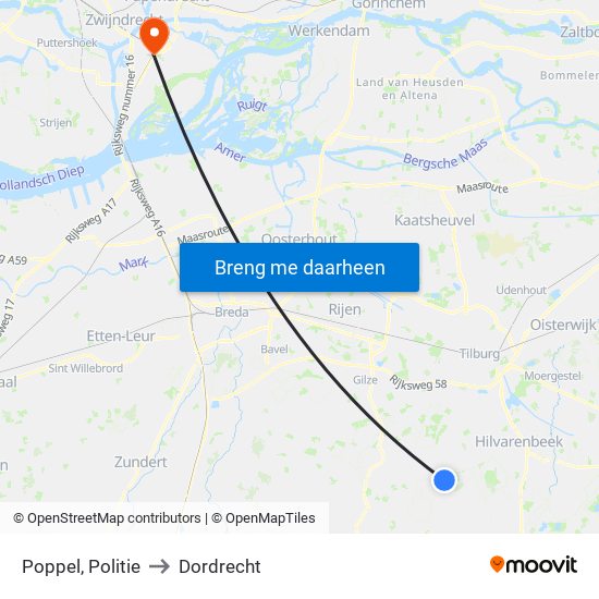 Poppel, Politie to Dordrecht map