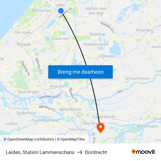 Leiden, Station Lammenschans to Dordrecht map