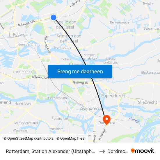 Rotterdam, Station Alexander (Uitstaphalte) to Dordrecht map