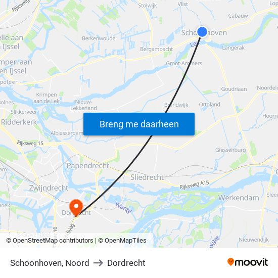 Schoonhoven, Noord to Dordrecht map