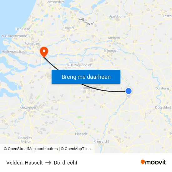 Velden, Hasselt to Dordrecht map