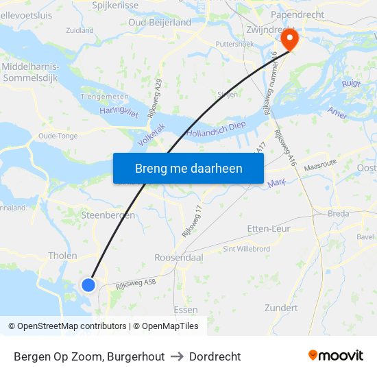 Bergen Op Zoom, Burgerhout to Dordrecht map