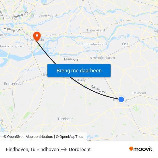 Eindhoven, Tu Eindhoven to Dordrecht map