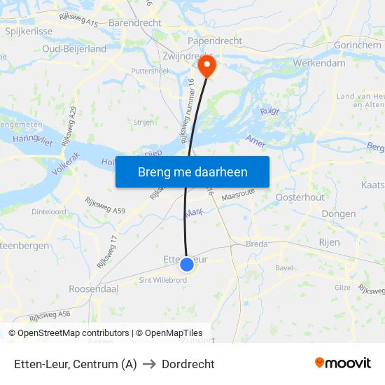Etten-Leur, Centrum (A) to Dordrecht map