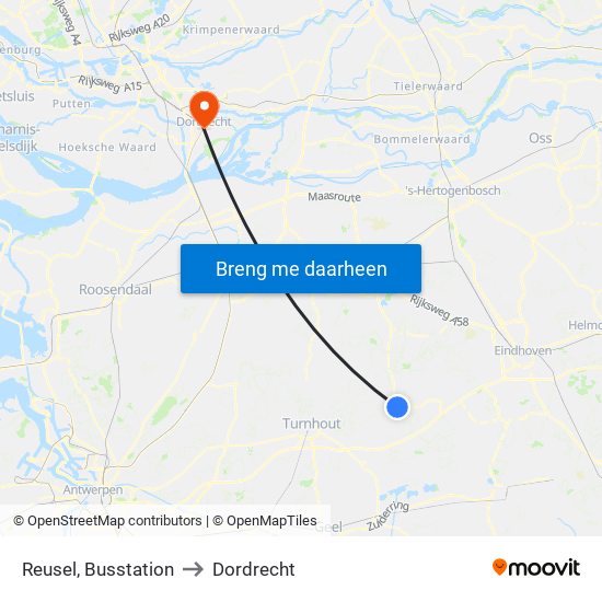 Reusel, Busstation to Dordrecht map