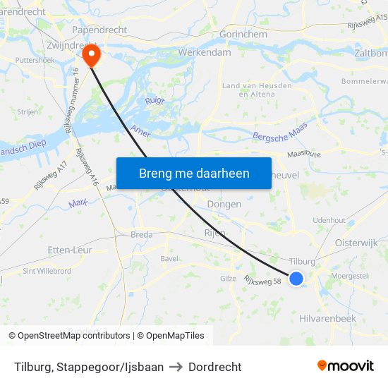 Tilburg, Stappegoor/Ijsbaan to Dordrecht map