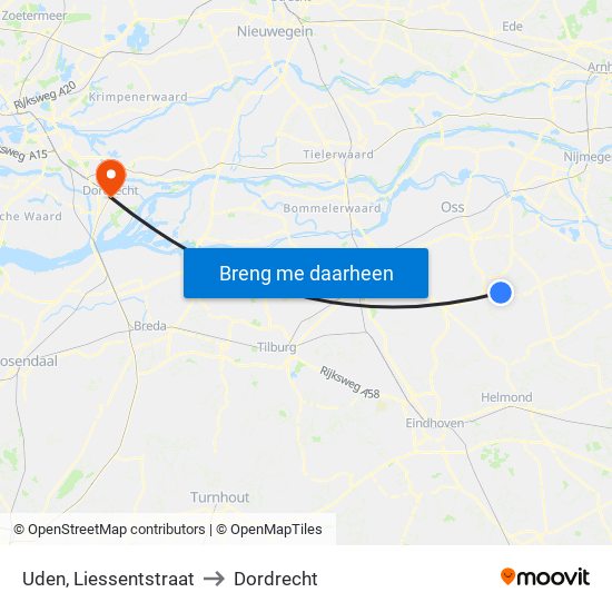 Uden, Liessentstraat to Dordrecht map