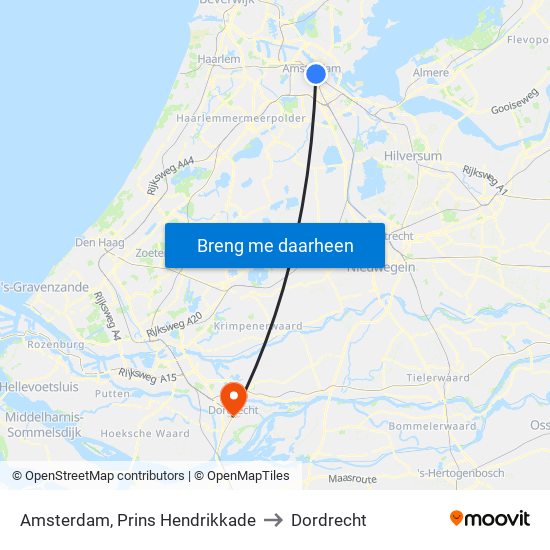 Amsterdam, Prins Hendrikkade to Dordrecht map