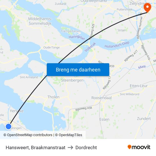 Hansweert, Braakmanstraat to Dordrecht map