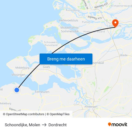 Schoondijke, Molen to Dordrecht map