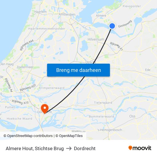 Almere Hout, Stichtse Brug to Dordrecht map