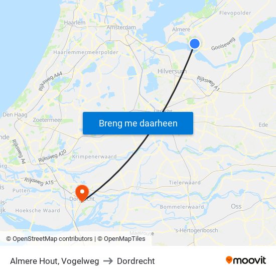 Almere Hout, Vogelweg to Dordrecht map