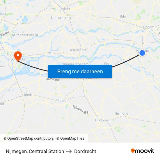 Nijmegen, Centraal Station to Dordrecht map