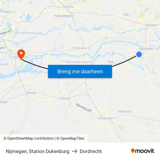 Nijmegen, Station Dukenburg to Dordrecht map