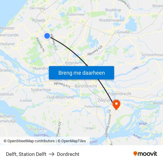 Delft, Station Delft to Dordrecht map