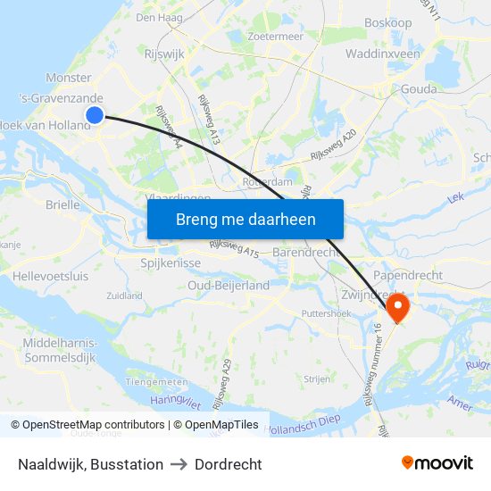 Naaldwijk, Busstation to Dordrecht map