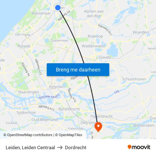 Leiden, Leiden Centraal to Dordrecht map