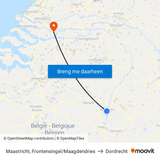 Maastricht, Frontensingel/Maagdendries to Dordrecht map