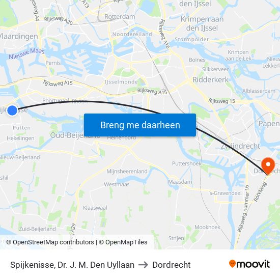 Spijkenisse, Dr. J. M. Den Uyllaan to Dordrecht map
