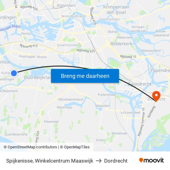 Spijkenisse, Winkelcentrum Maaswijk to Dordrecht map
