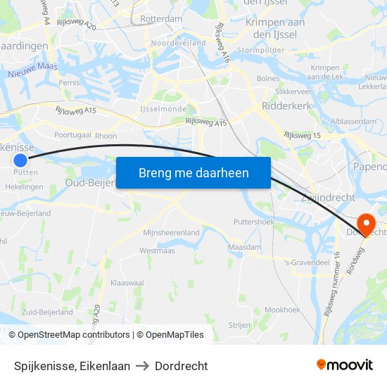 Spijkenisse, Eikenlaan to Dordrecht map