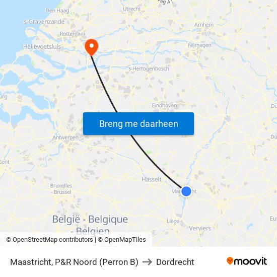 Maastricht, P&R Noord (Perron B) to Dordrecht map