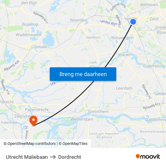 Utrecht Maliebaan to Dordrecht map