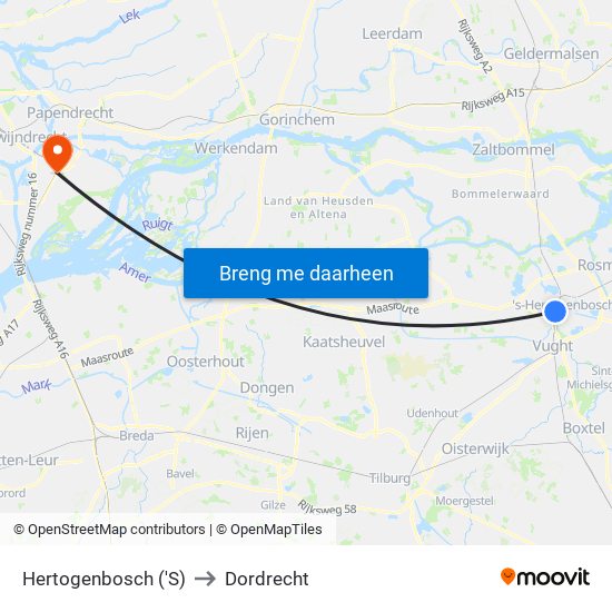 Hertogenbosch ('S) to Dordrecht map