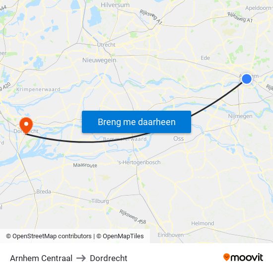 Arnhem Centraal to Dordrecht map