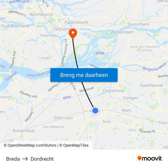 Breda to Dordrecht map