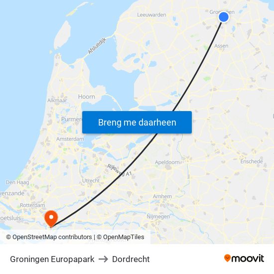 Groningen Europapark to Dordrecht map