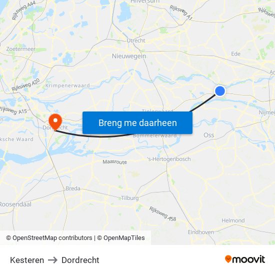Kesteren to Dordrecht map