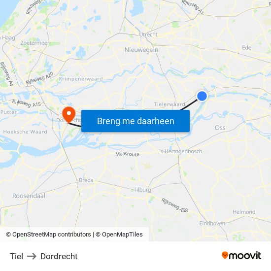 Tiel to Dordrecht map