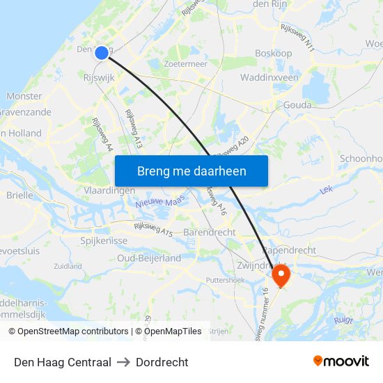 Den Haag Centraal to Dordrecht map