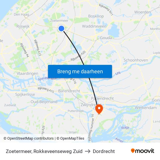 Zoetermeer, Rokkeveenseweg Zuid to Dordrecht map