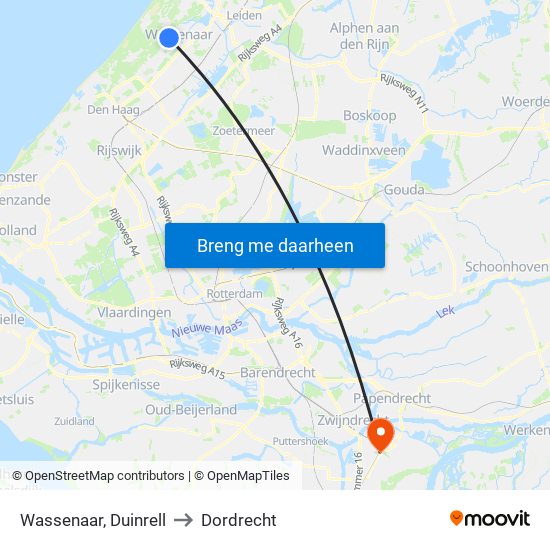 Wassenaar, Duinrell to Dordrecht map