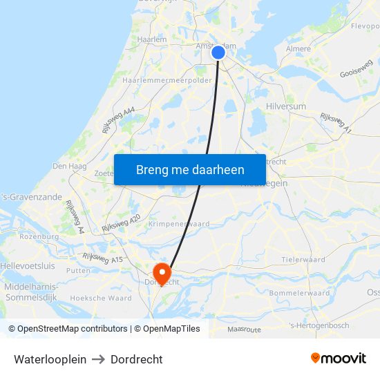 Waterlooplein to Dordrecht map