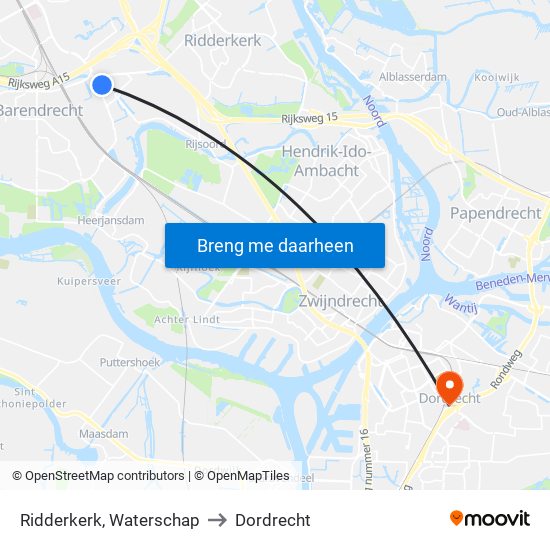 Ridderkerk, Waterschap to Dordrecht map