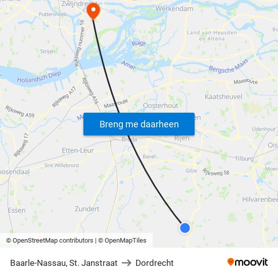 Baarle-Nassau, St. Janstraat to Dordrecht map