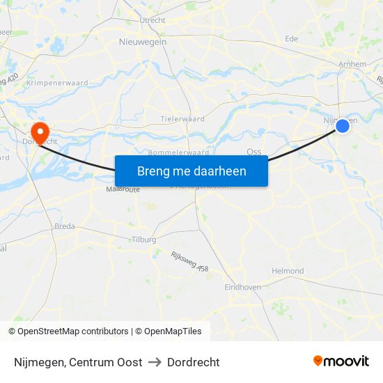 Nijmegen, Centrum Oost to Dordrecht map