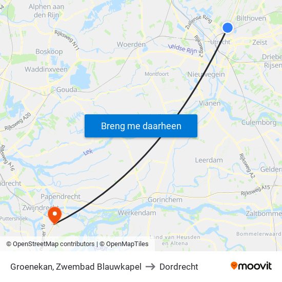 Groenekan, Zwembad Blauwkapel to Dordrecht map
