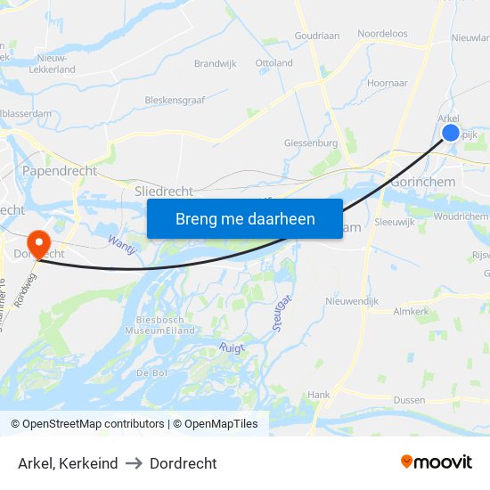 Arkel, Kerkeind to Dordrecht map