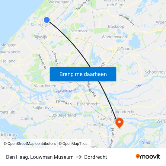 Den Haag, Louwman Museum to Dordrecht map