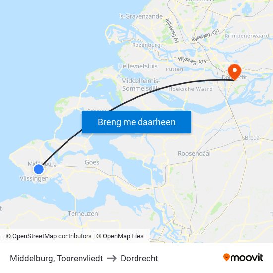 Middelburg, Toorenvliedt to Dordrecht map