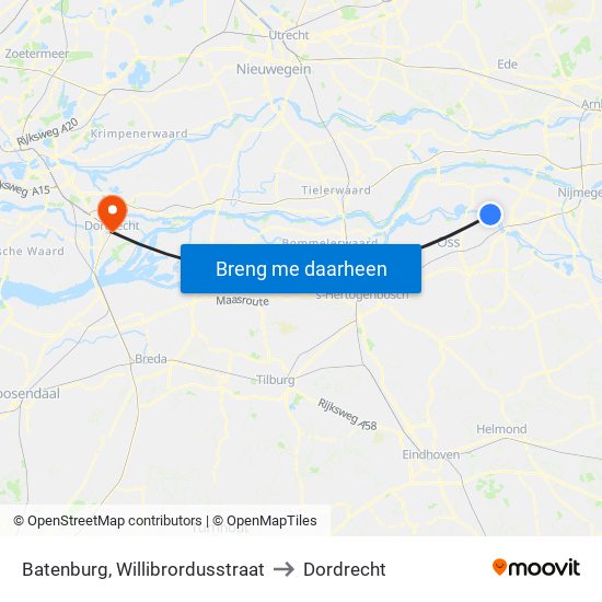 Batenburg, Willibrordusstraat to Dordrecht map