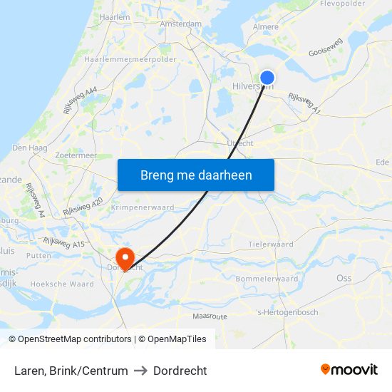 Laren, Brink/Centrum to Dordrecht map