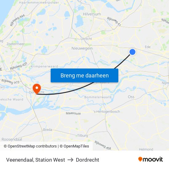 Veenendaal, Station West to Dordrecht map