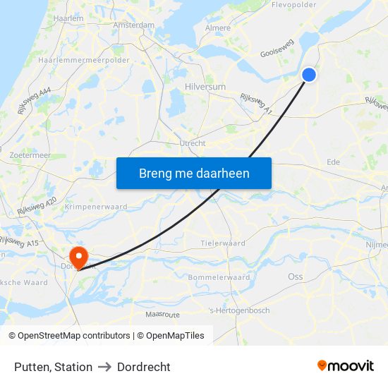 Putten, Station to Dordrecht map