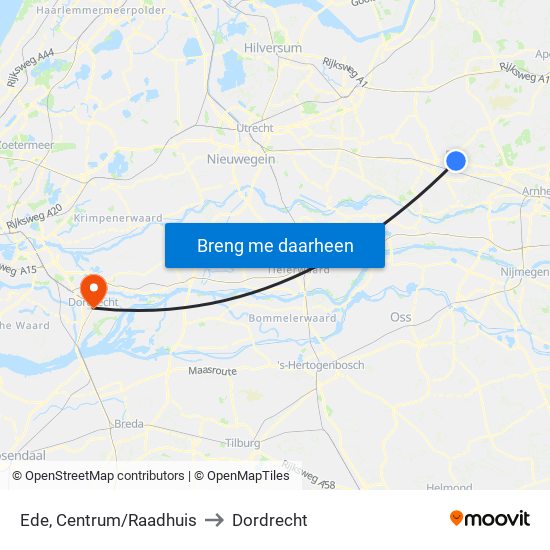 Ede, Centrum/Raadhuis to Dordrecht map