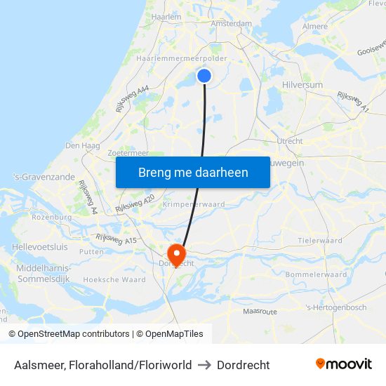 Aalsmeer, Floraholland/Floriworld to Dordrecht map